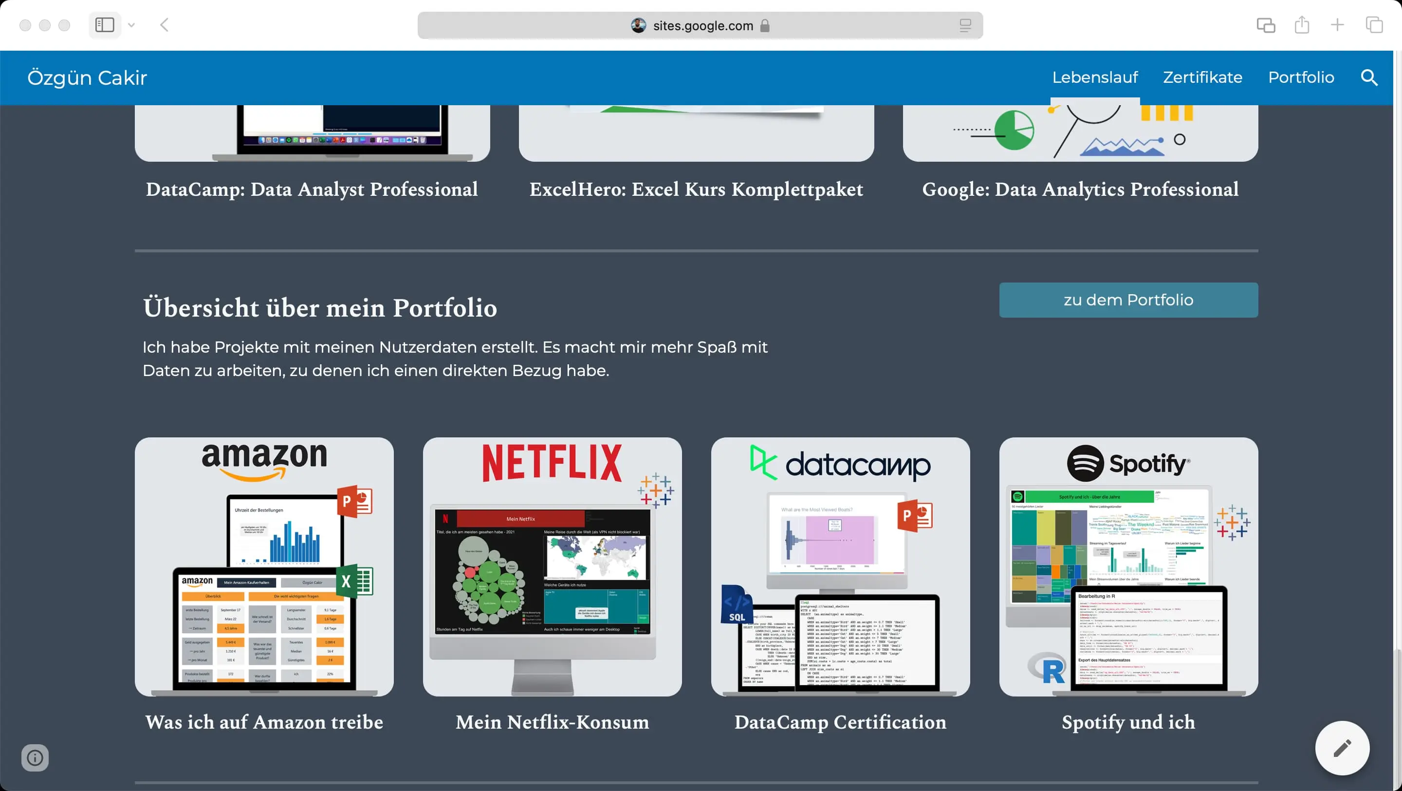 mein damaliges Portfolio auf der Google Sites Seite